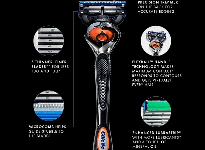 Gillette Fusion ProGlide Flexball technology features on a black background